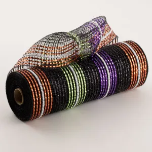 10" Deco Mesh: Wide Metallic Halloween Stripes With White Fuzz