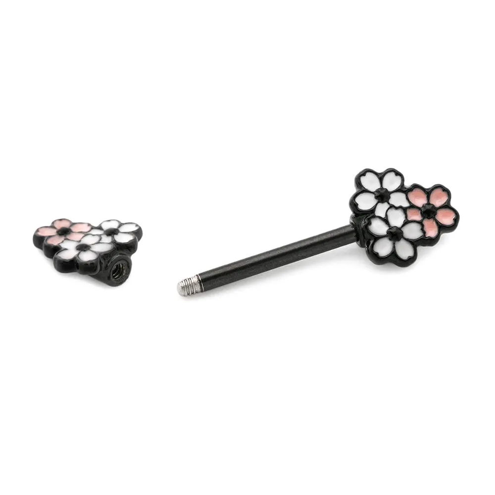 14g 13.3mm Cherry Blossoms PVD Black Nipple Barbell — Price Per 1