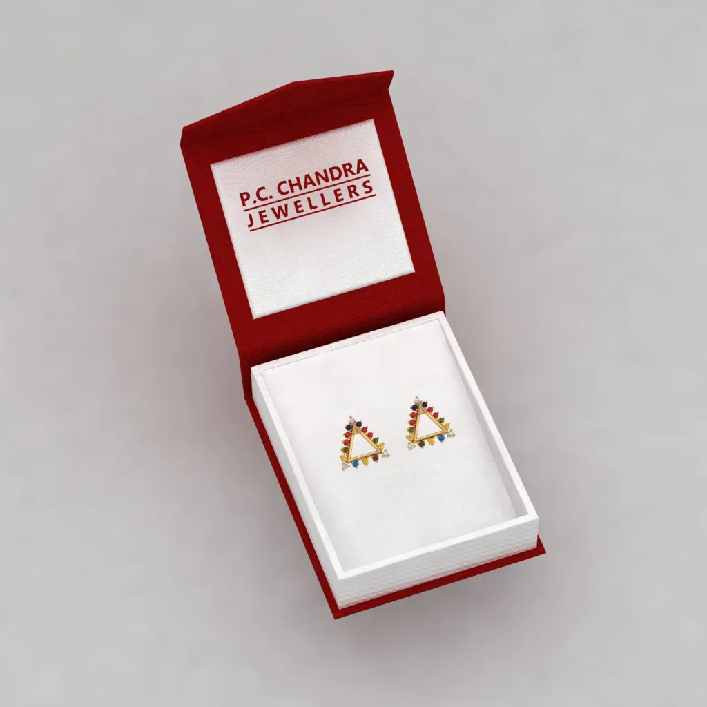 14k Triangular Gold Earrings With Beautiful Multi-coloured Stones