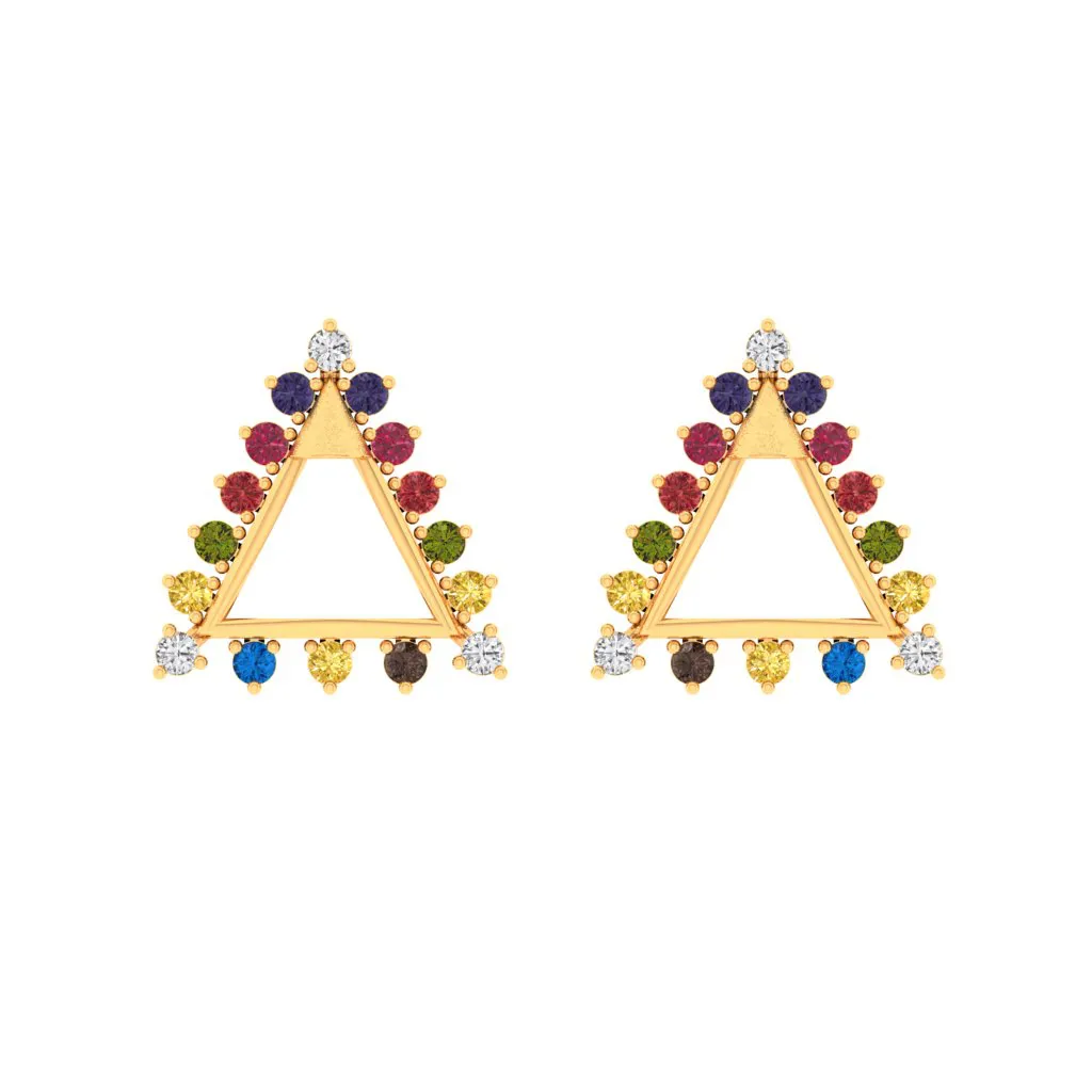 14k Triangular Gold Earrings With Beautiful Multi-coloured Stones