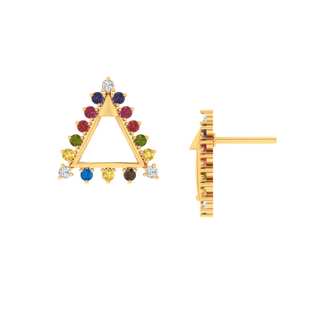 14k Triangular Gold Earrings With Beautiful Multi-coloured Stones