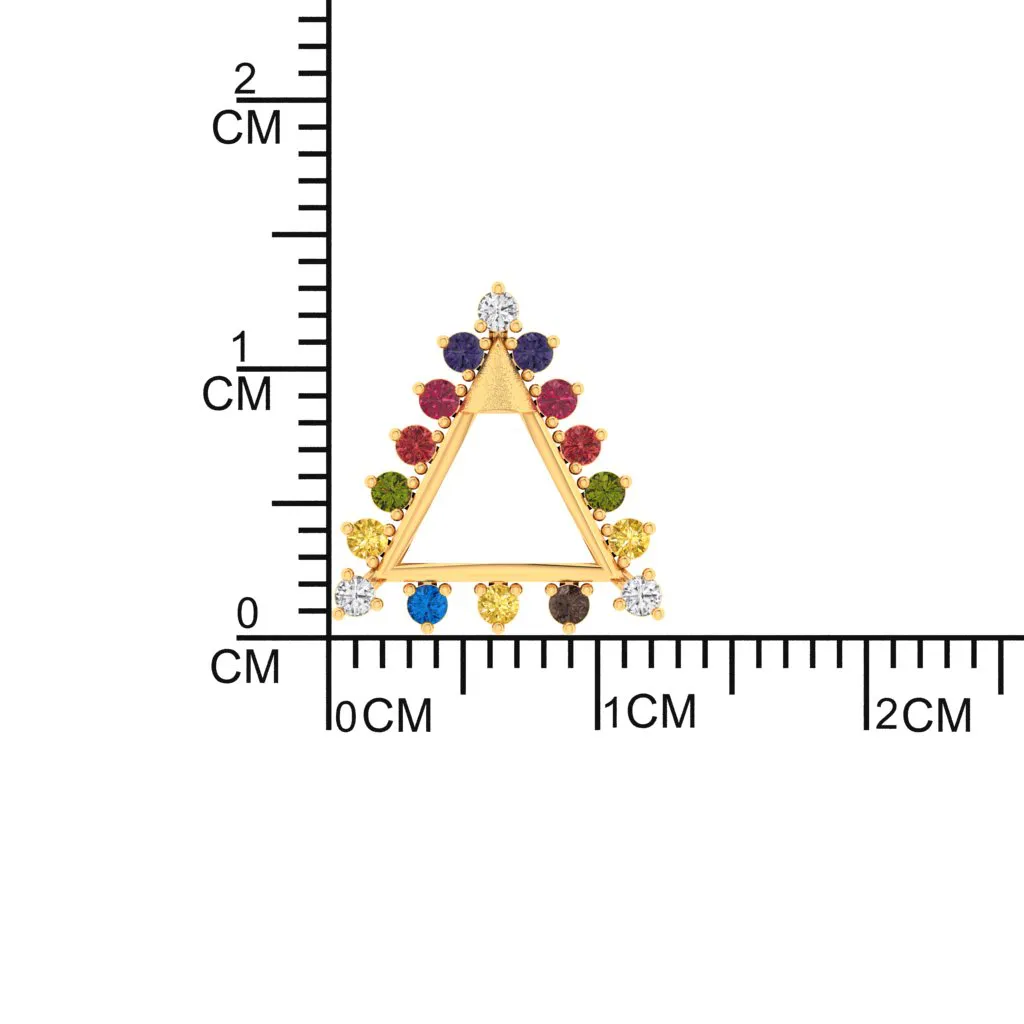 14k Triangular Gold Earrings With Beautiful Multi-coloured Stones