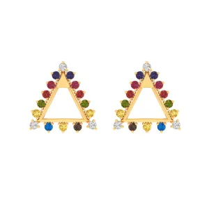 14k Triangular Gold Earrings With Beautiful Multi-coloured Stones