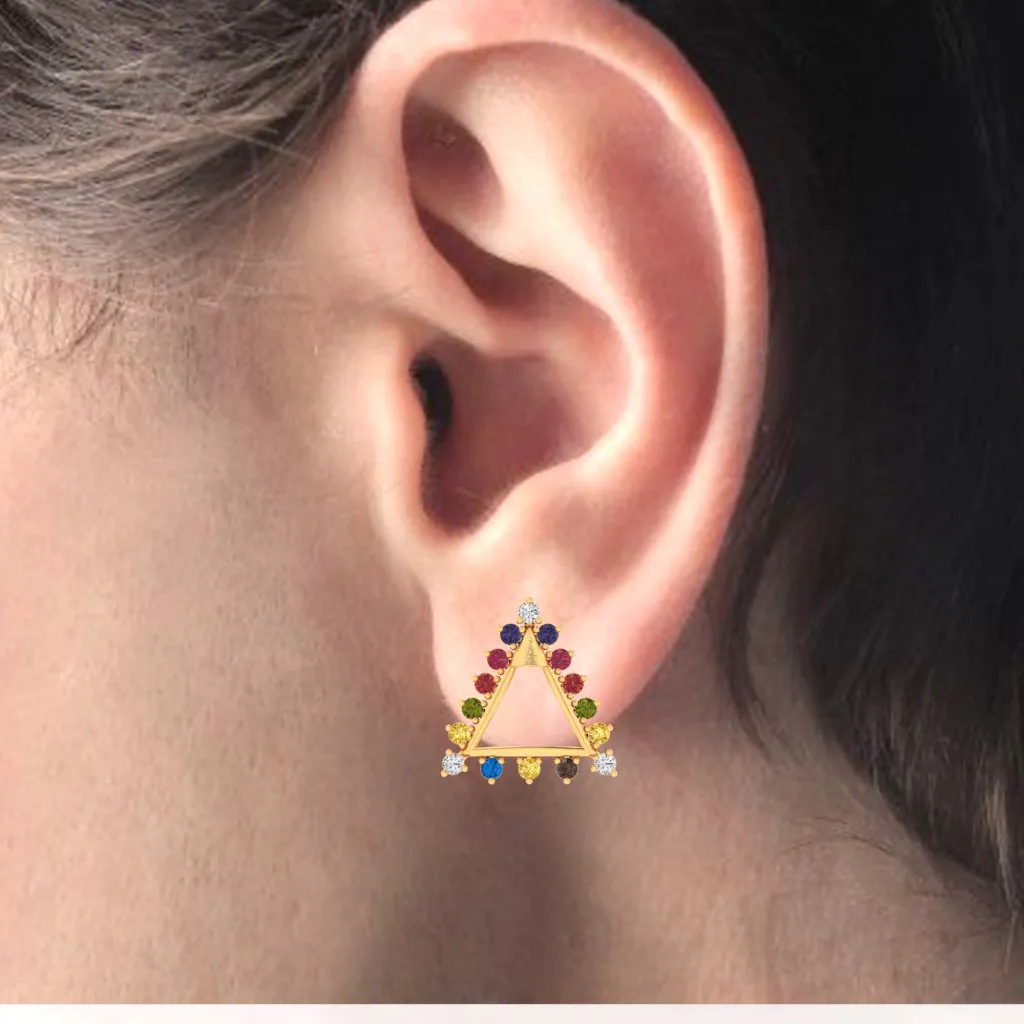 14k Triangular Gold Earrings With Beautiful Multi-coloured Stones