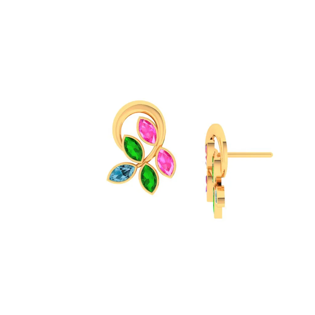 14k Uniquely Shaped Leafy Gold Stud Earrings With Multi-coloured Stones