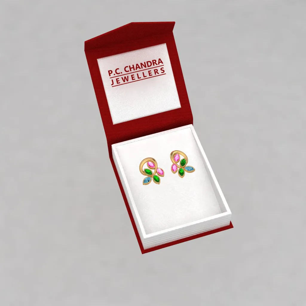 14k Uniquely Shaped Leafy Gold Stud Earrings With Multi-coloured Stones