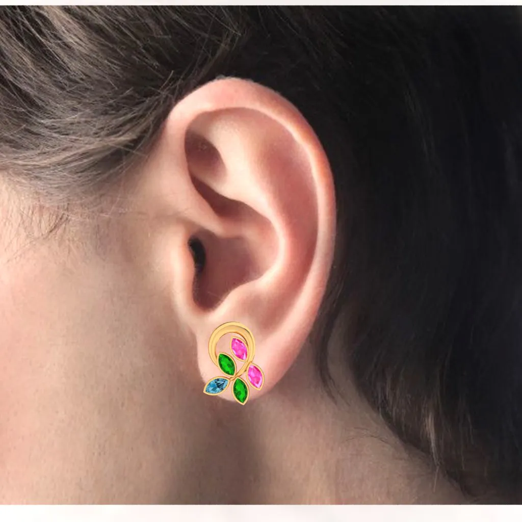 14k Uniquely Shaped Leafy Gold Stud Earrings With Multi-coloured Stones
