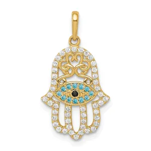 14K Yellow Gold Multi-Colored C.Z Stones Hamsa with Evil Eye Pendant