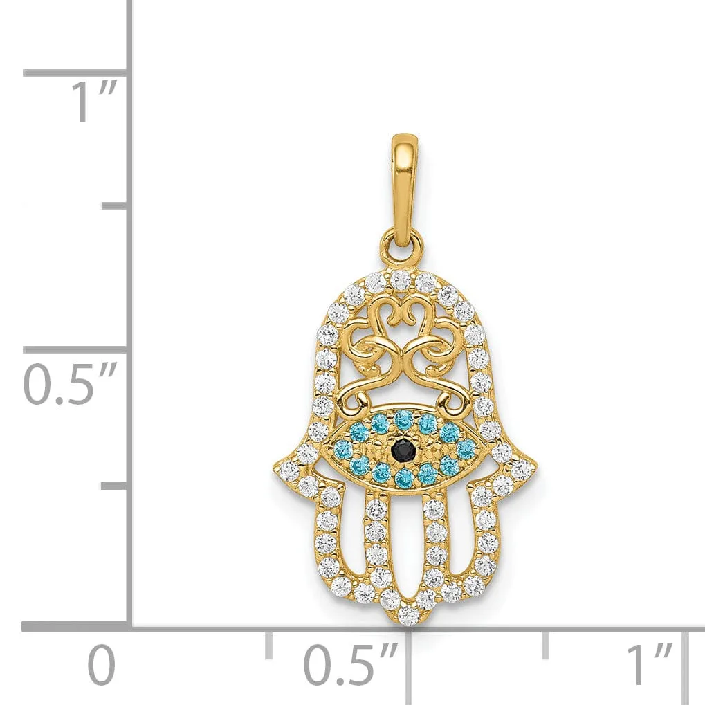 14K Yellow Gold Multi-Colored C.Z Stones Hamsa with Evil Eye Pendant