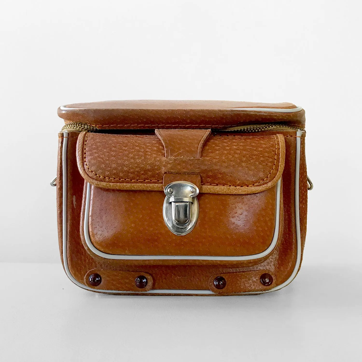 1960s-1970s Boxy Amber-Brown Leather Crossbody Camera Bag Case