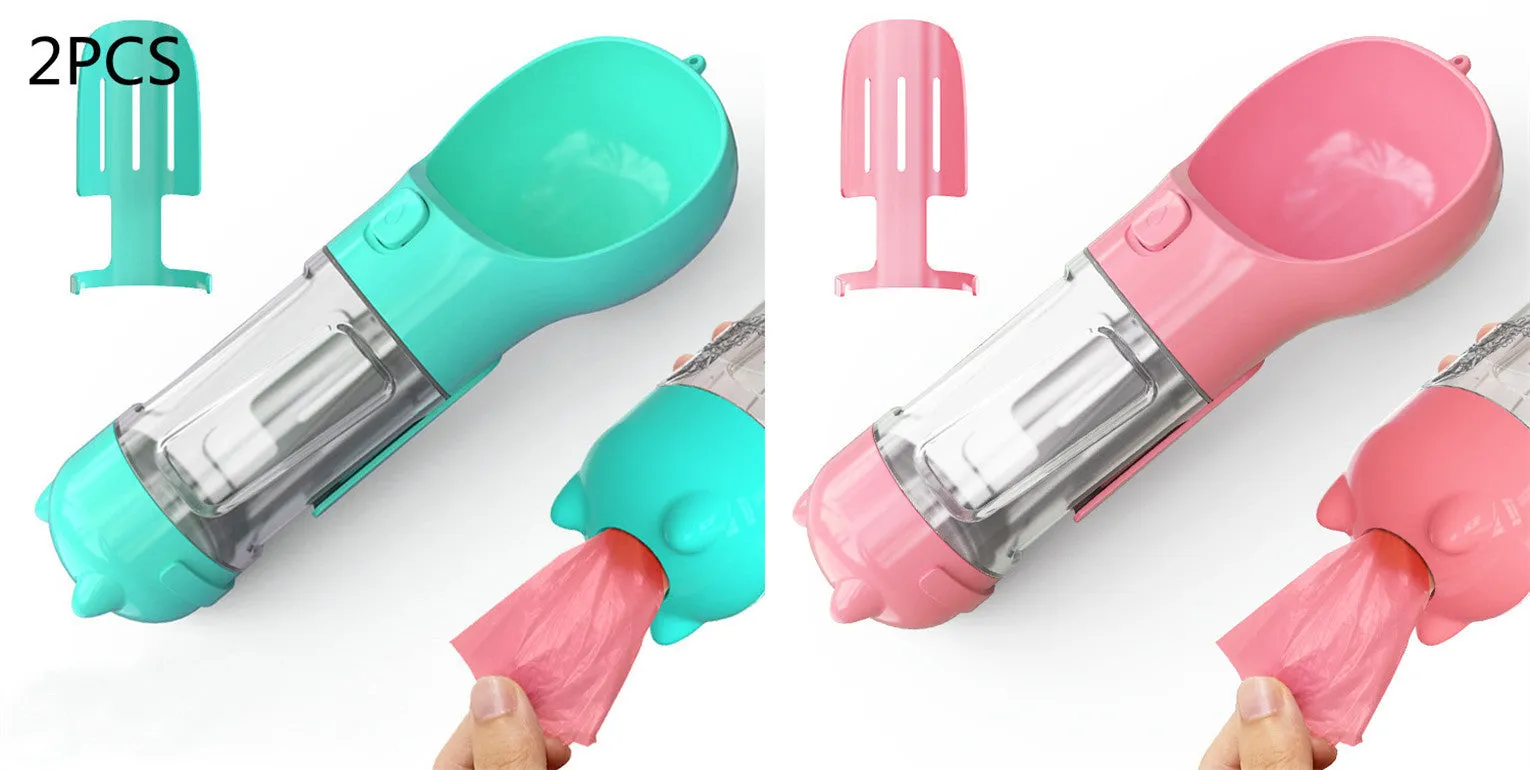 3-in-1 Portable Pet Water Bottle – Feeder Bowl & Waste Bag Storage for Outdoor Travel