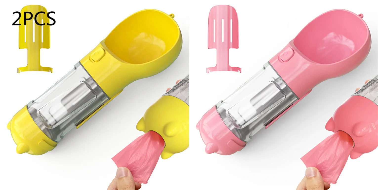 3-in-1 Portable Pet Water Bottle – Feeder Bowl & Waste Bag Storage for Outdoor Travel