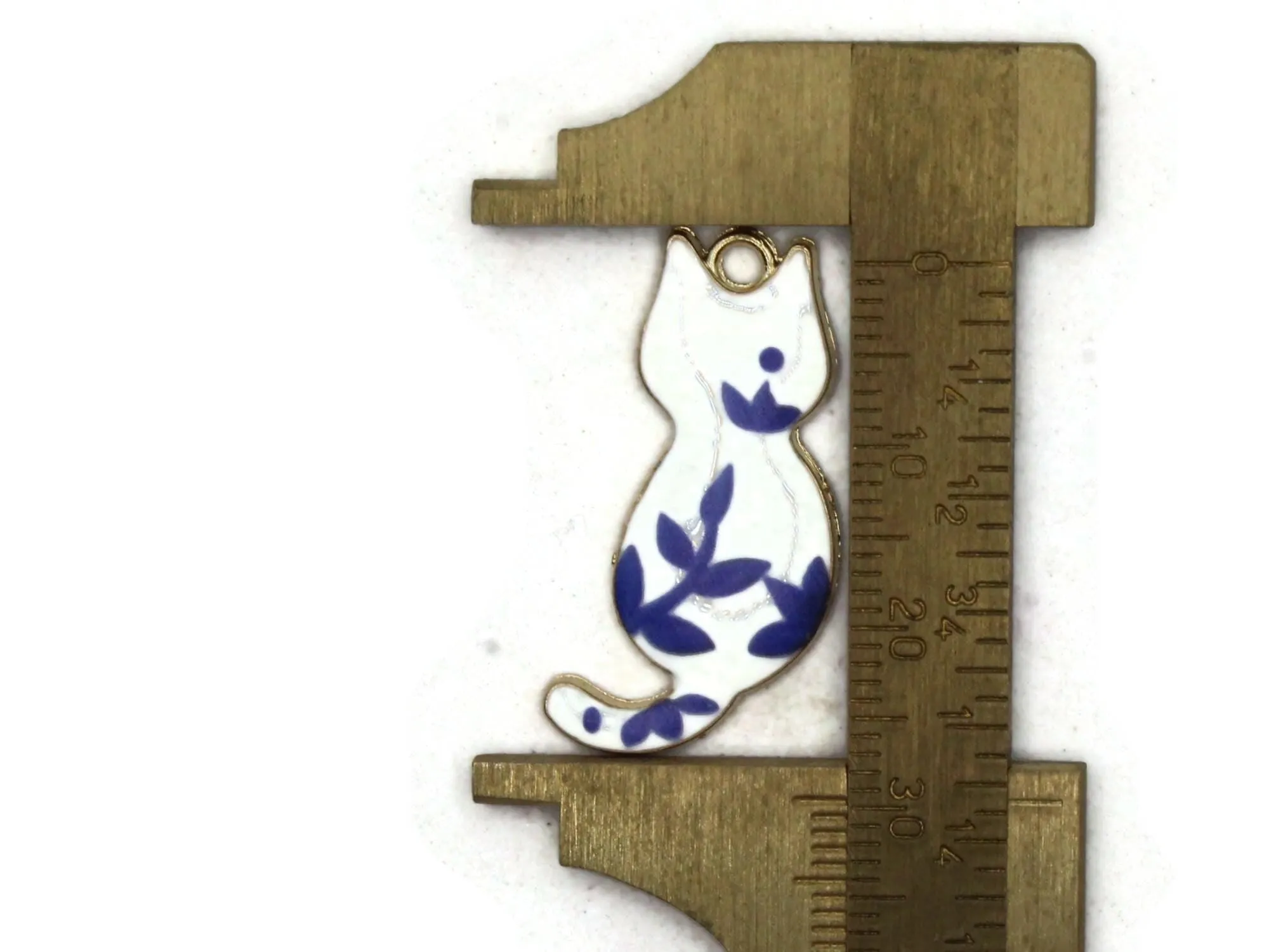 30mm White with Orange and Black Spots Cat Gold Metal and Enamel Pendant