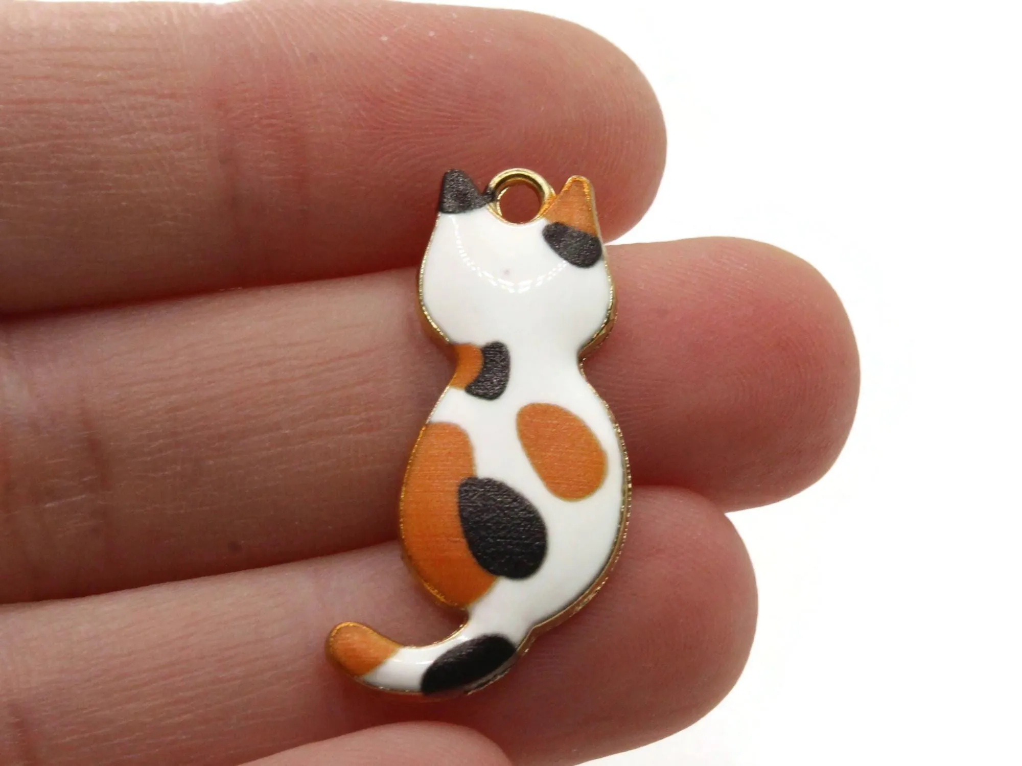 30mm White with Orange and Black Spots Cat Gold Metal and Enamel Pendant