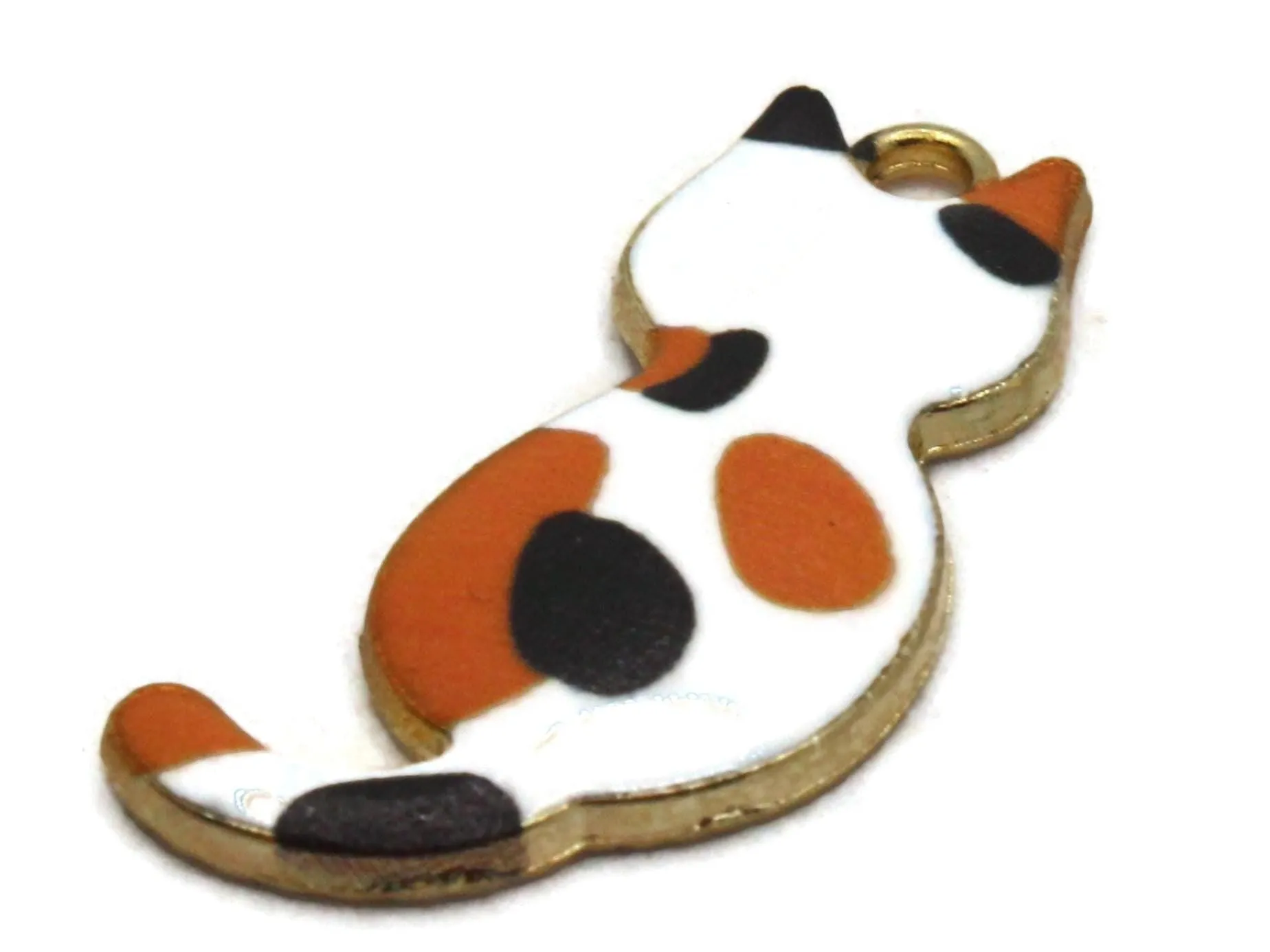 30mm White with Orange and Black Spots Cat Gold Metal and Enamel Pendant