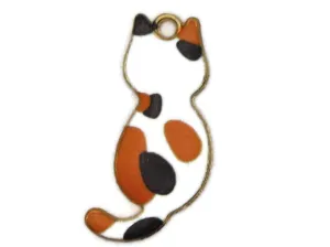 30mm White with Orange and Black Spots Cat Gold Metal and Enamel Pendant