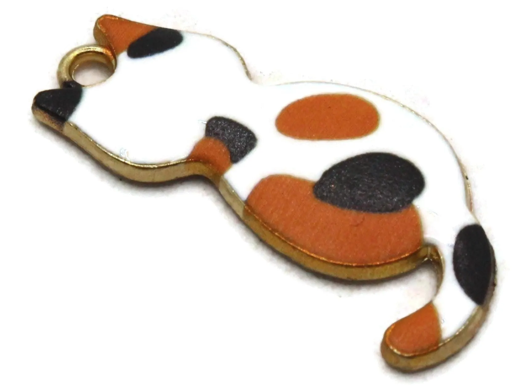 30mm White with Orange and Black Spots Cat Gold Metal and Enamel Pendant