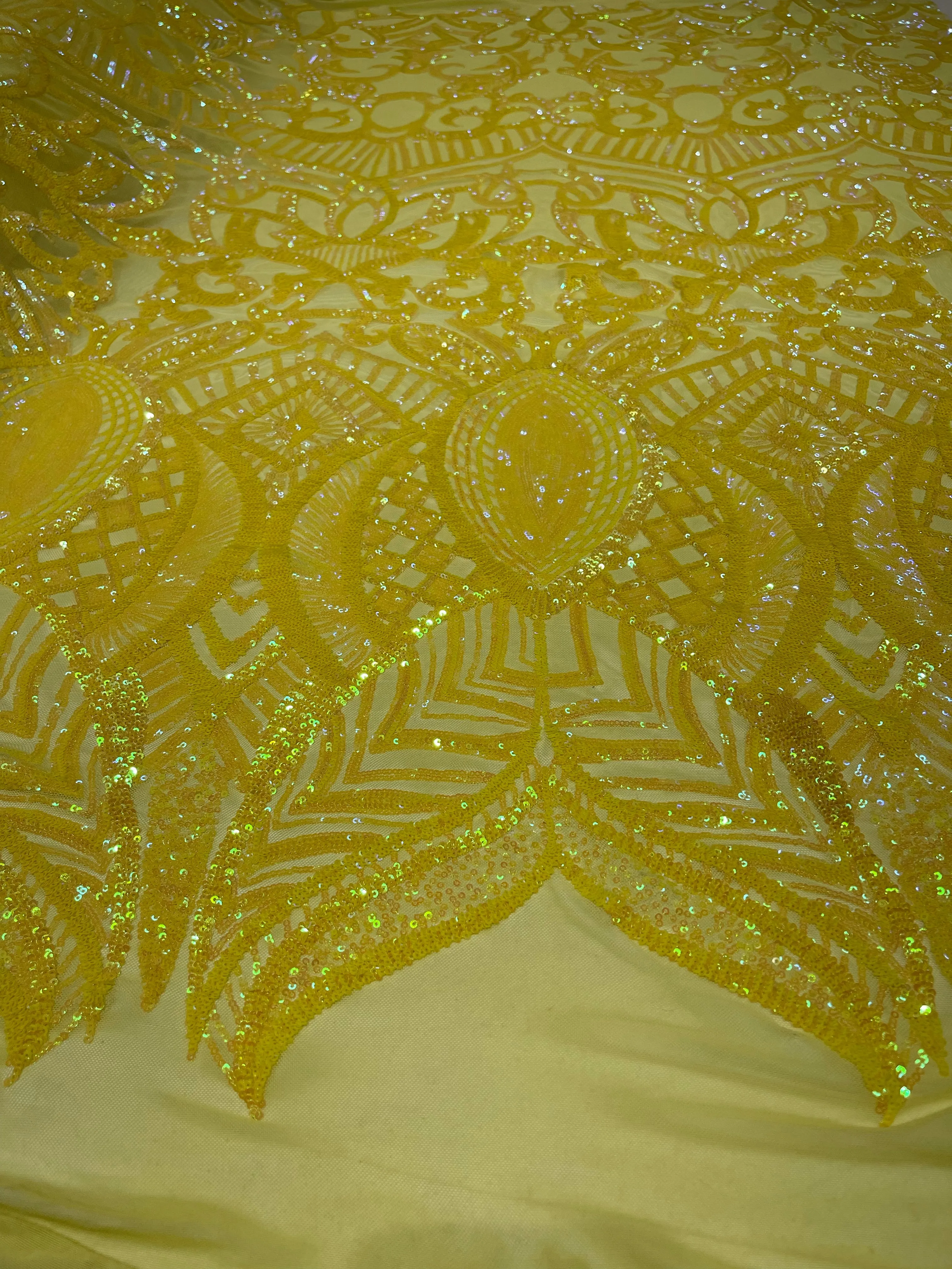 Bright Yellow iridescent royalty design on a 4 way stretch mesh-prom-sold by the yard.
