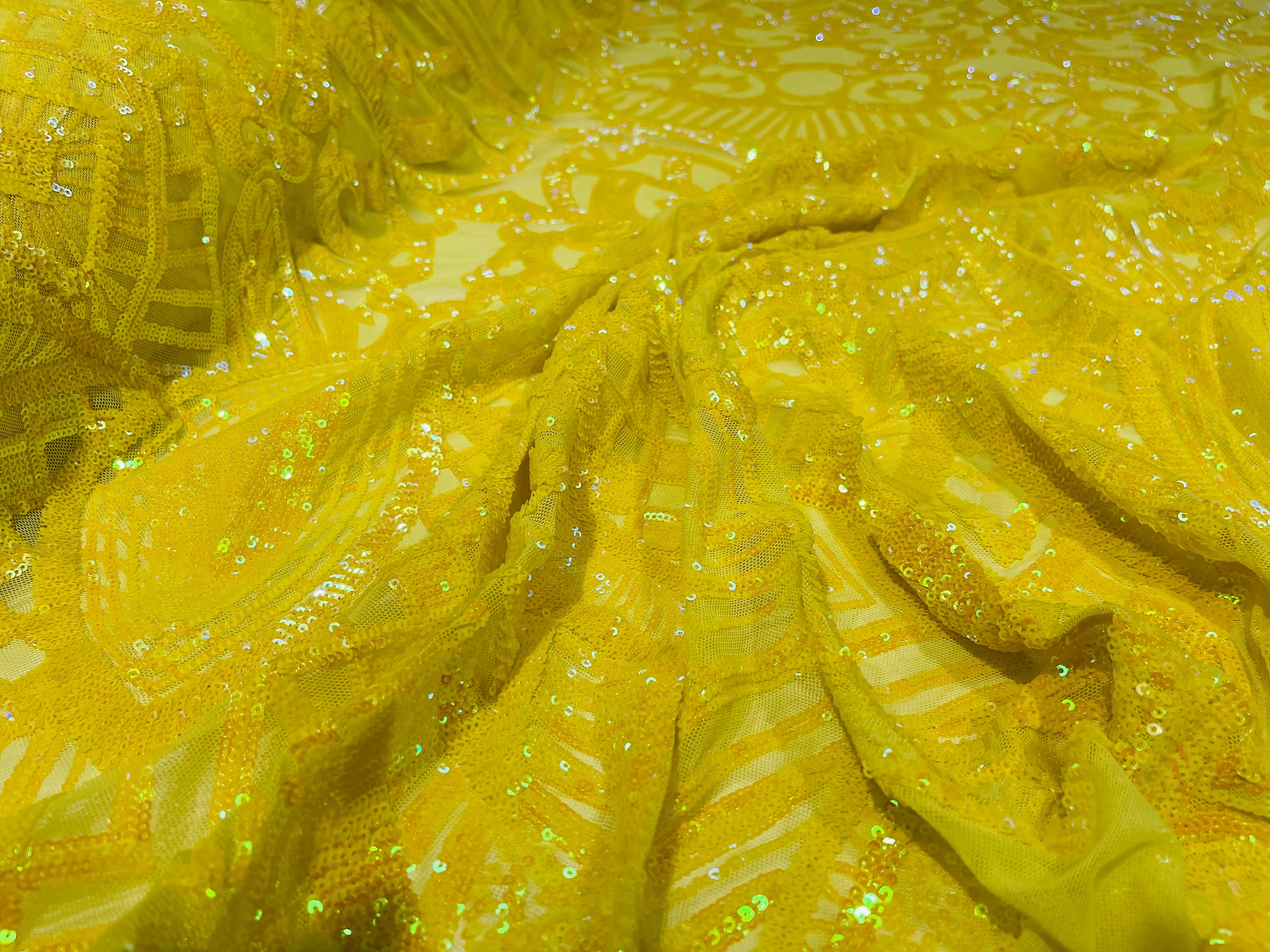 Bright Yellow iridescent royalty design on a 4 way stretch mesh-prom-sold by the yard.