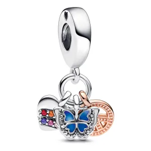 Butterfly Heart Peace Sterling Silver And 14K Rose Gold-Plated Dangle With Multi Colored Crystal, Pink And Clear Cz, Blue Enamel