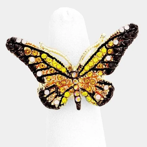Butterfly Yellow Crystal Pave Stretch Ring