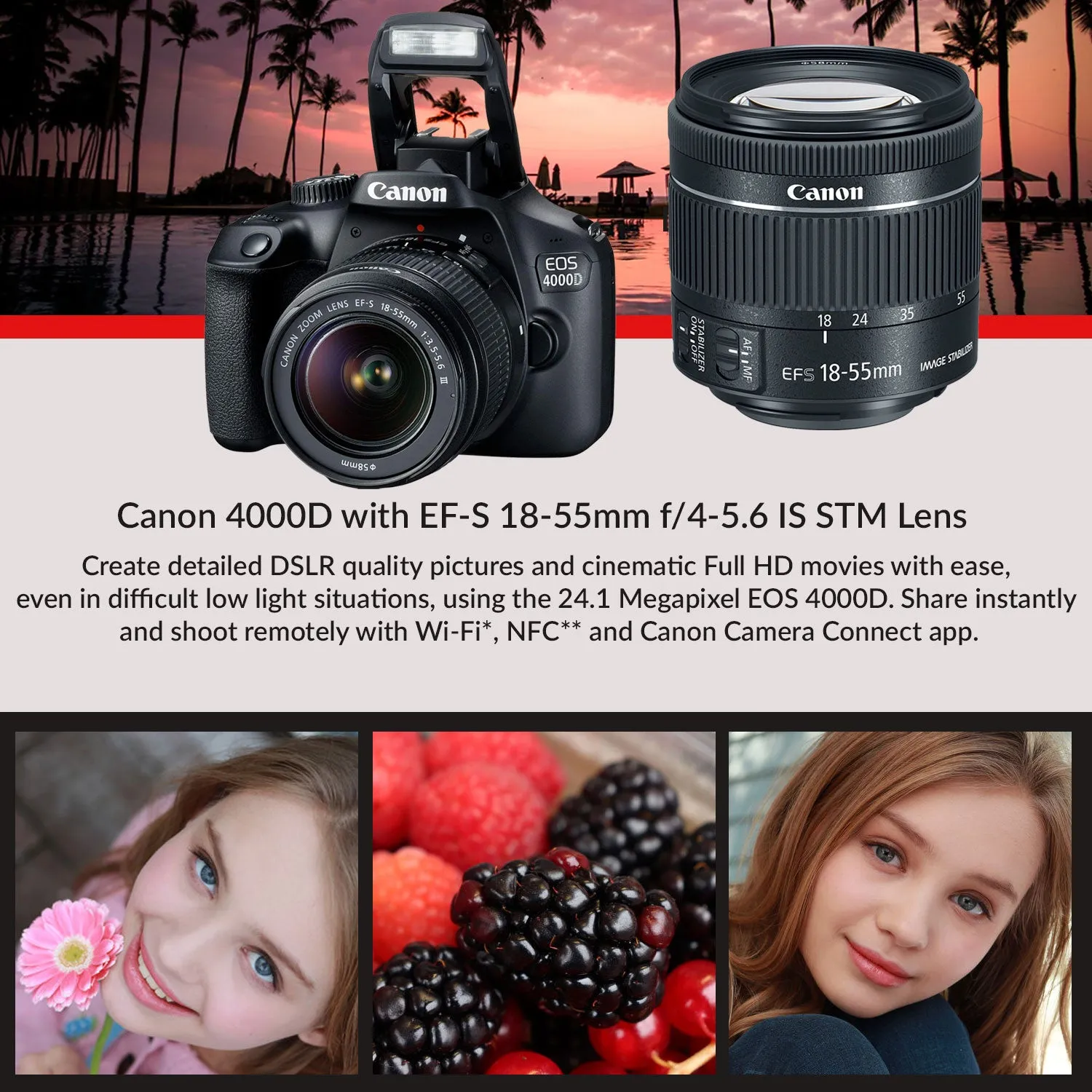 Canon EOS 4000D DSLR Camera & EF-S 18-55 mm f/3.5-5.6 IS III Lens   75-300mm Telephoto Zoom Lens   64GB Memory Card   Camera Bag