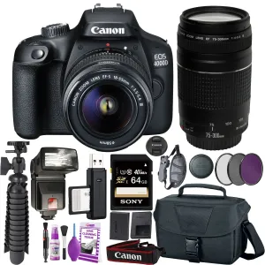 Canon EOS 4000D DSLR Camera & EF-S 18-55 mm f/3.5-5.6 IS III Lens   75-300mm Telephoto Zoom Lens   64GB Memory Card   Camera Bag