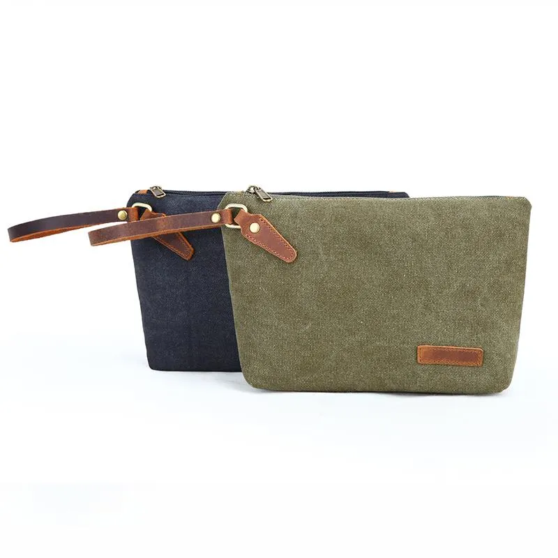Canvas Leather Mens Small Black Storage Bag Green Clutch Bag Brown Envelope Bag for Men