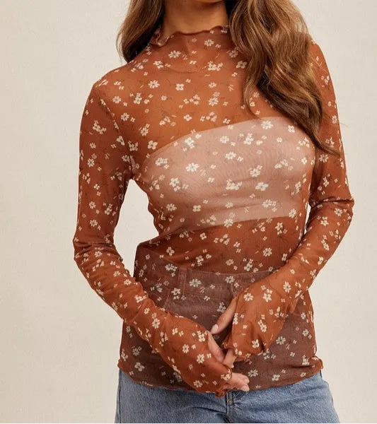 Caramel Floral Mesh Top