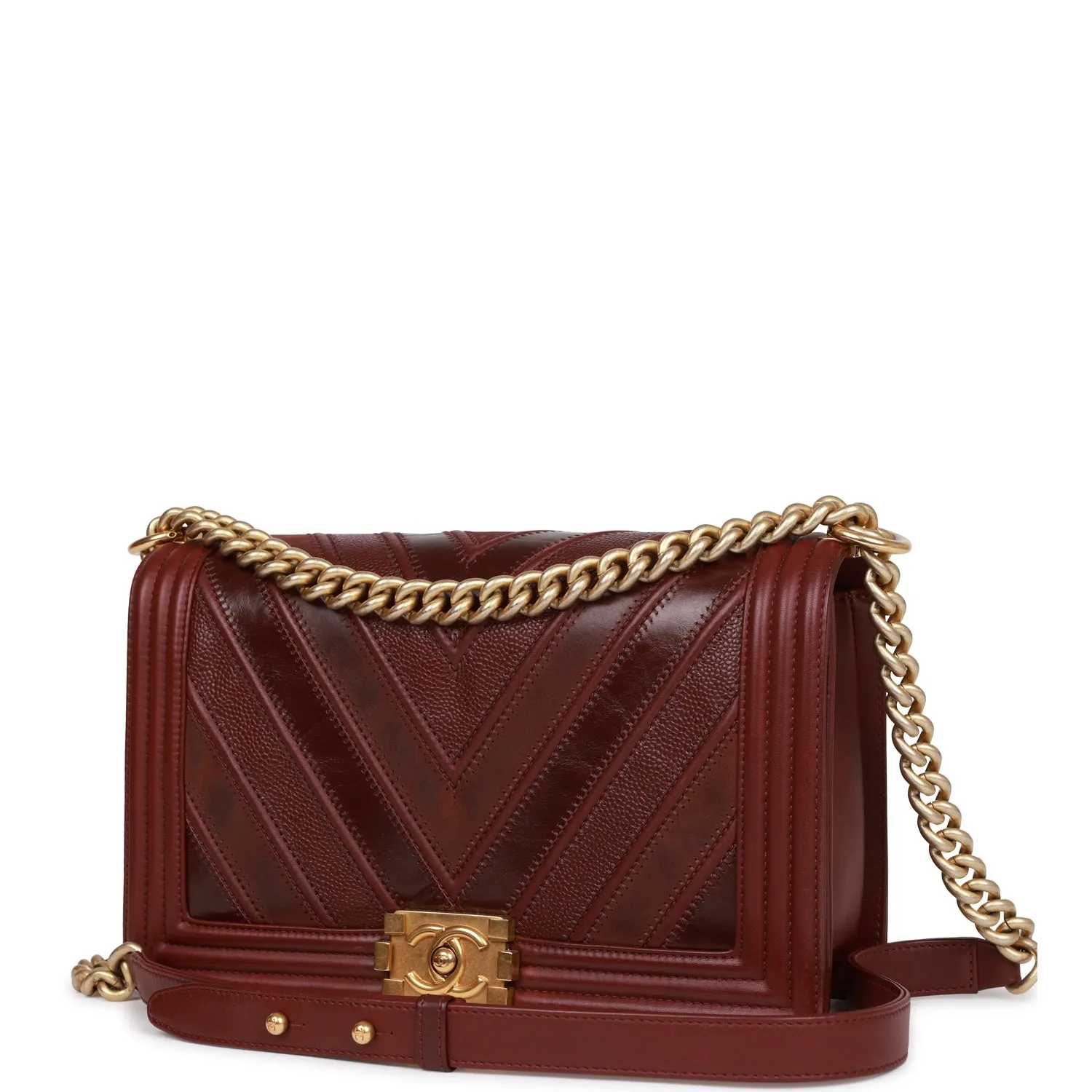 Chanel New Medium Boy Bag Burgundy Chevron Antique Gold Hardware