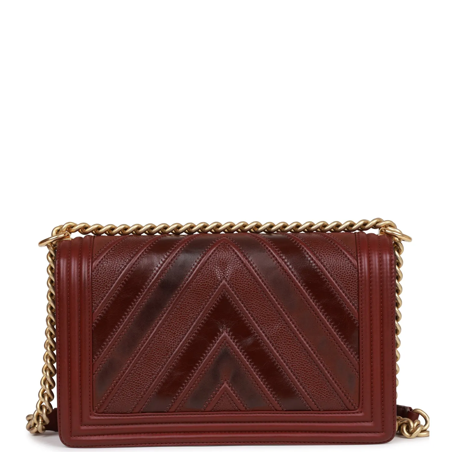 Chanel New Medium Boy Bag Burgundy Chevron Antique Gold Hardware