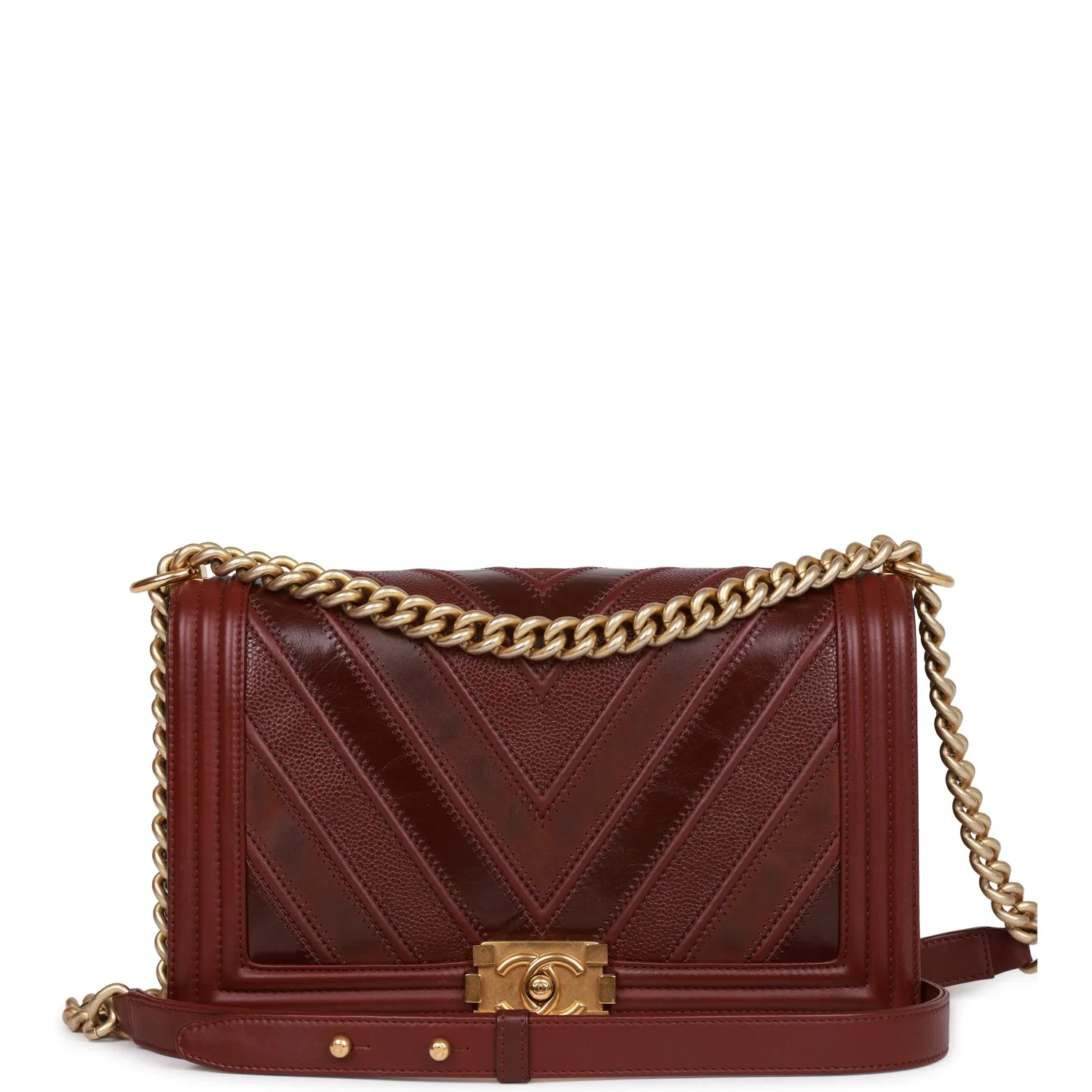 Chanel New Medium Boy Bag Burgundy Chevron Antique Gold Hardware
