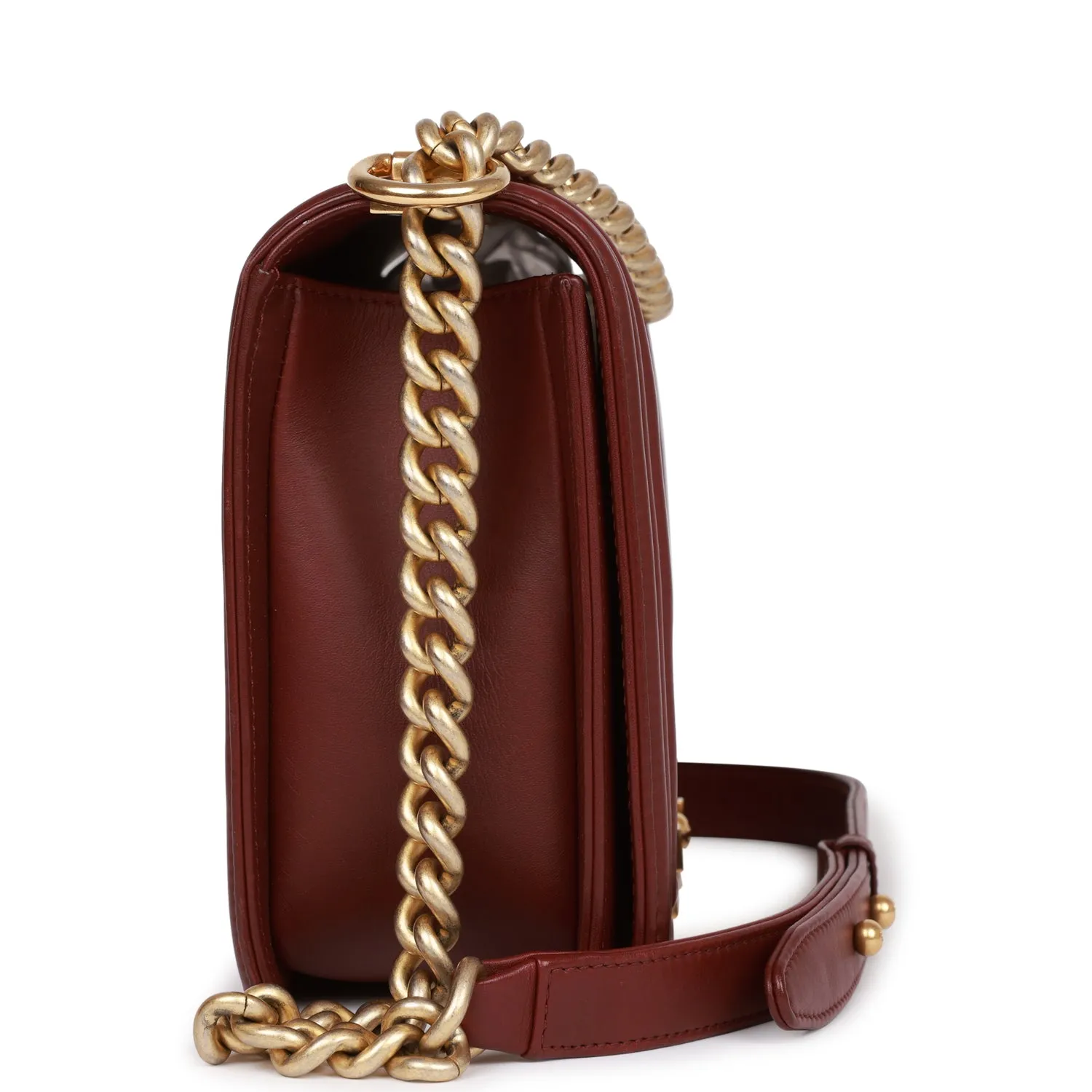 Chanel New Medium Boy Bag Burgundy Chevron Antique Gold Hardware