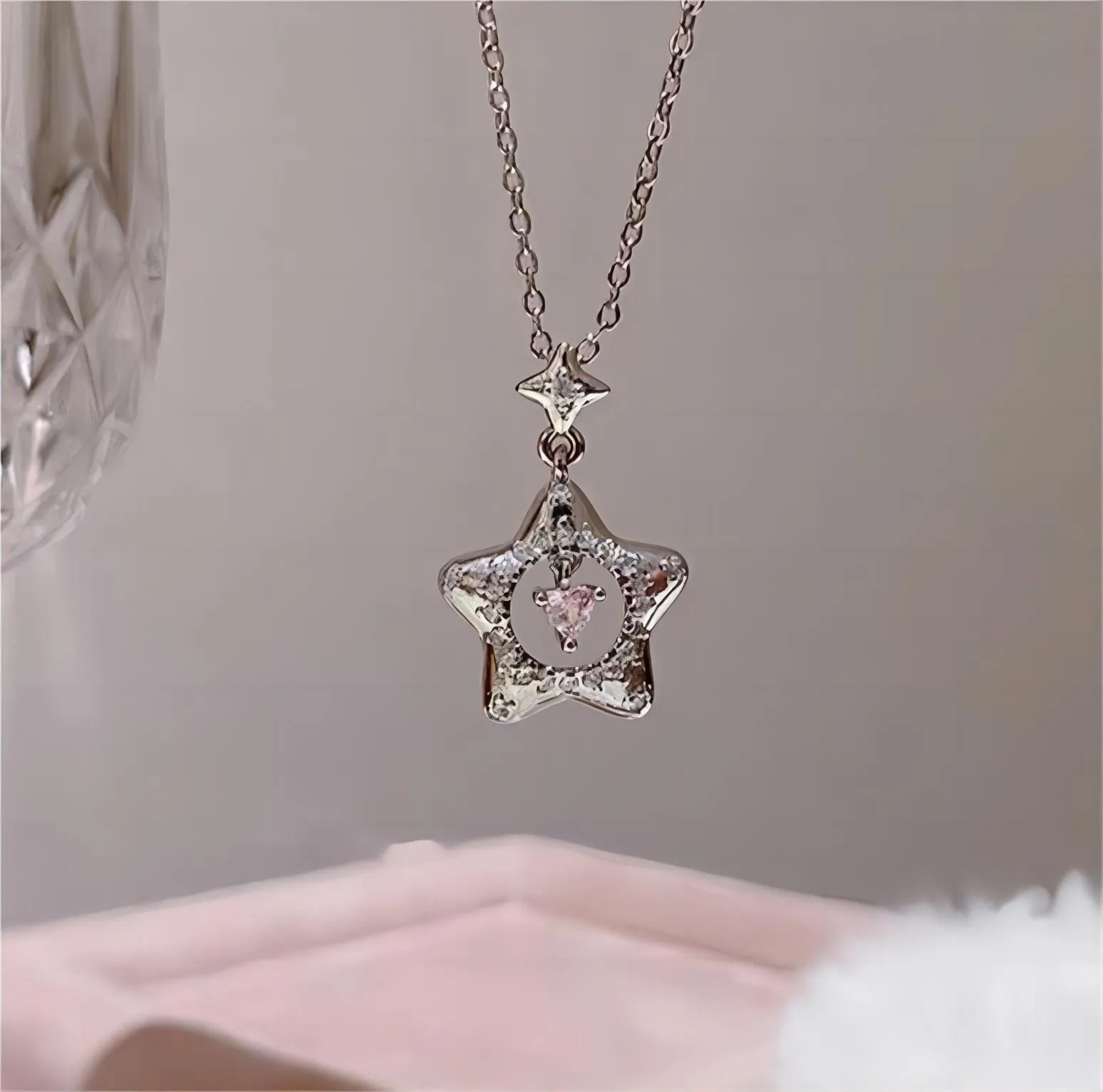 Charming Pink Heart Star Necklace