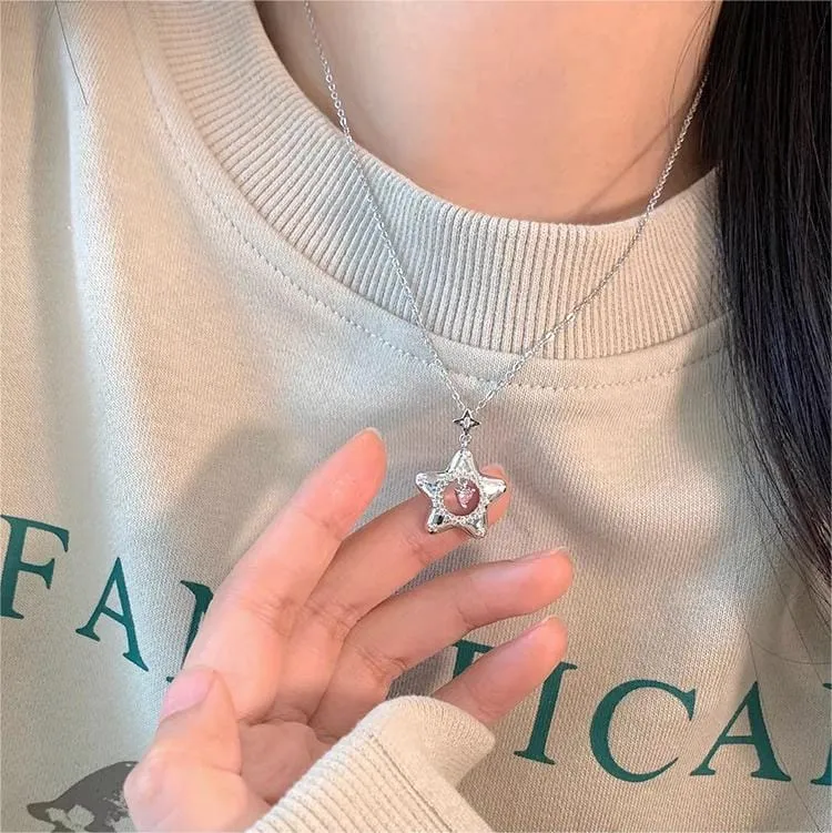 Charming Pink Heart Star Necklace