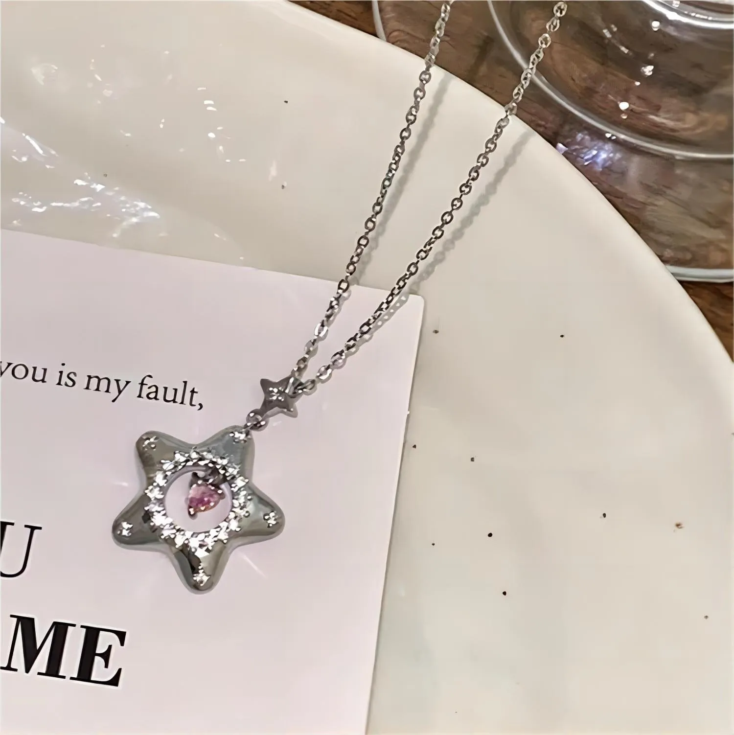 Charming Pink Heart Star Necklace