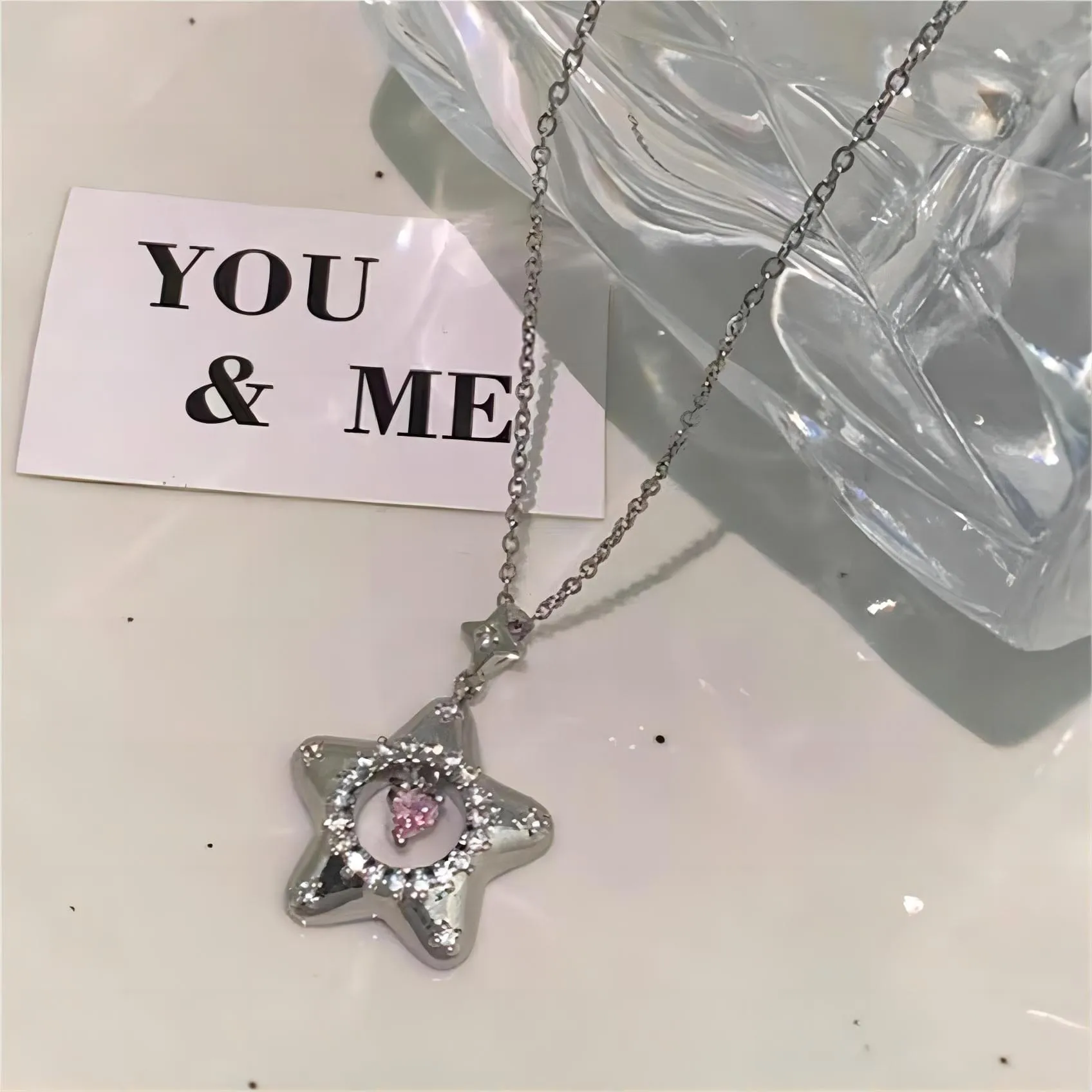Charming Pink Heart Star Necklace