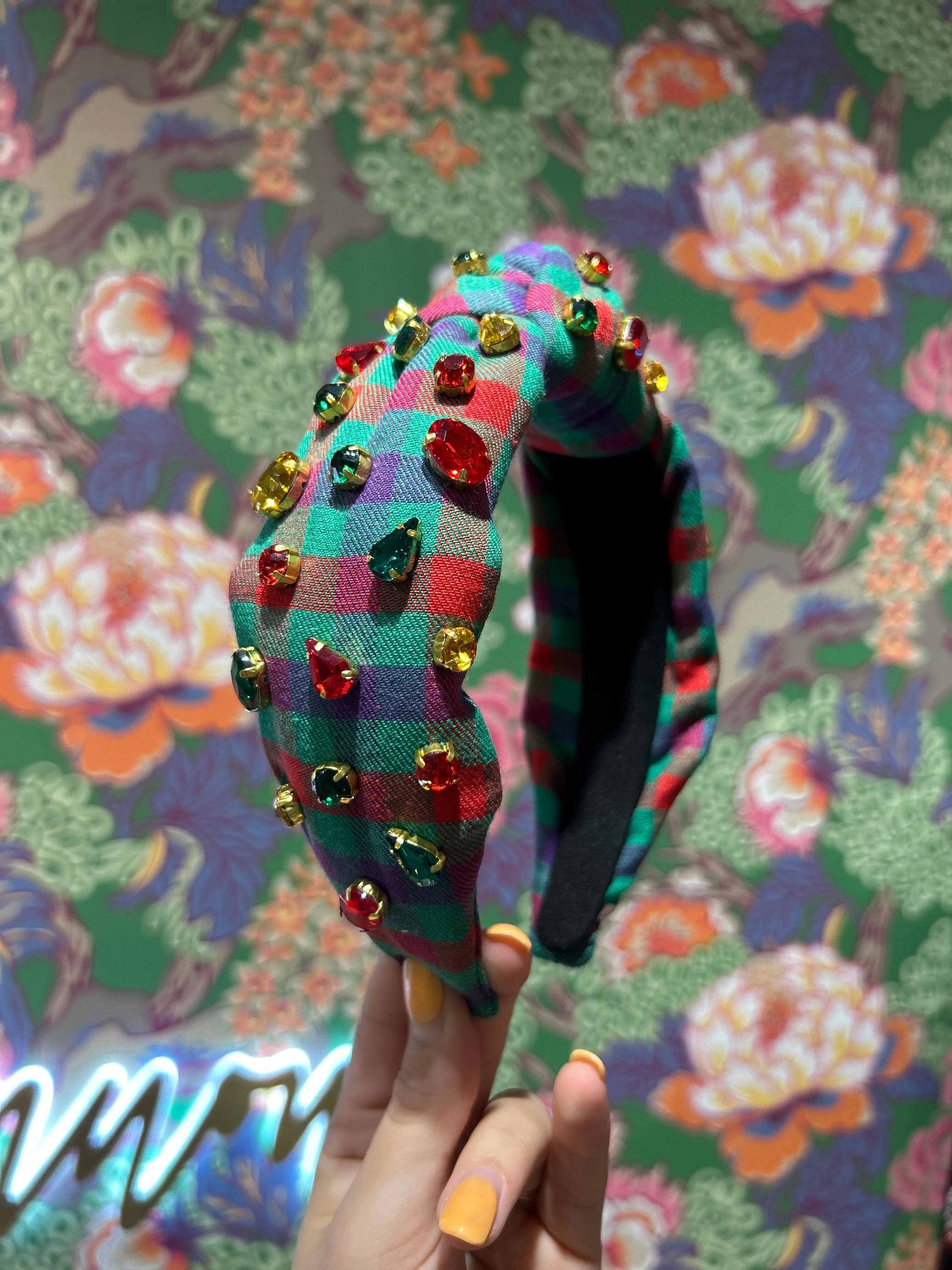 Colorful Christmas Plaid Headband with Crystals