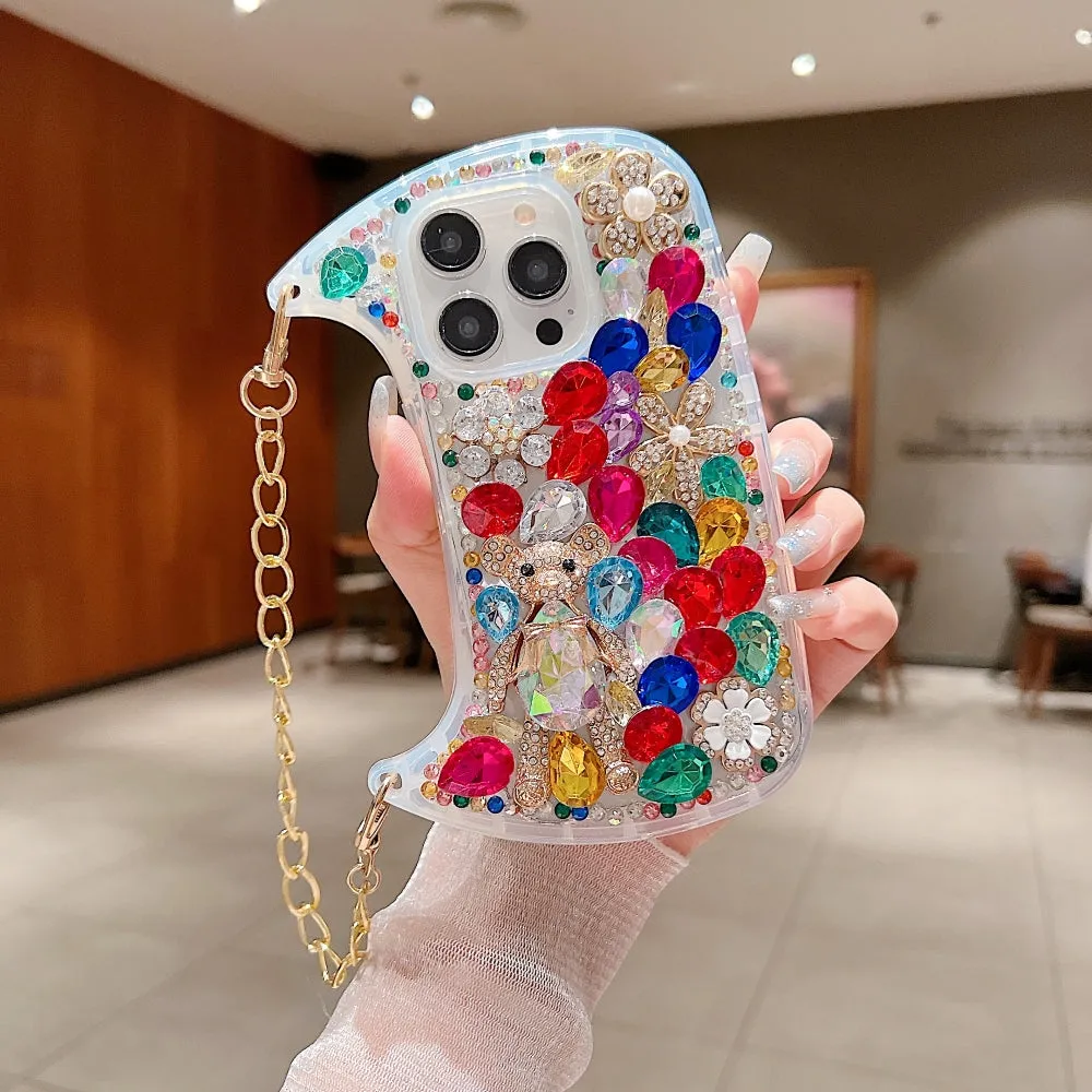 Colorful Diamond Phone Case With Metal Chain Strap - iPhone 14 Pro Max
