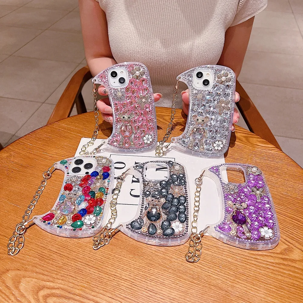 Colorful Diamond Phone Case With Metal Chain Strap - iPhone 14 Pro Max