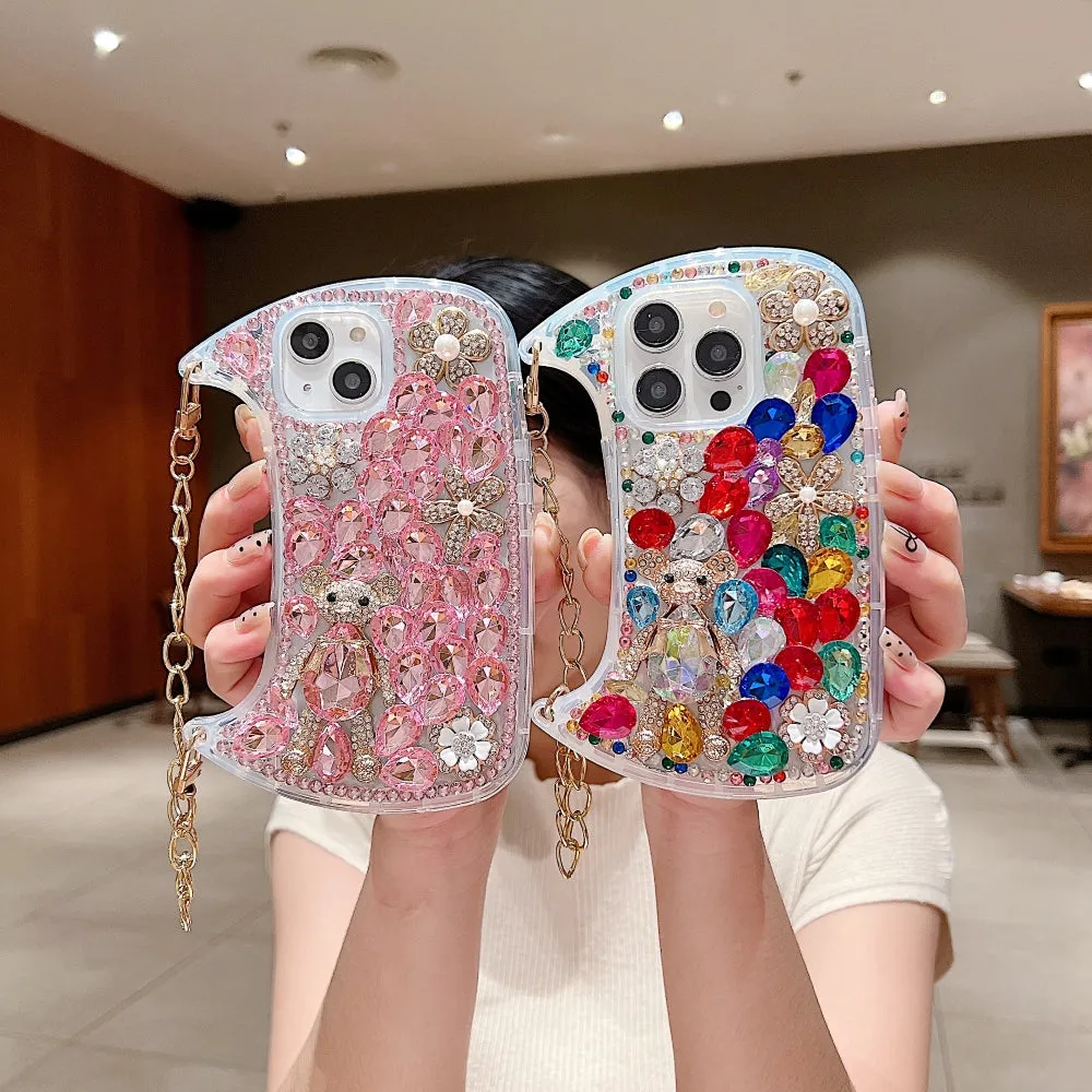 Colorful Diamond Phone Case With Metal Chain Strap - iPhone 14 Pro Max