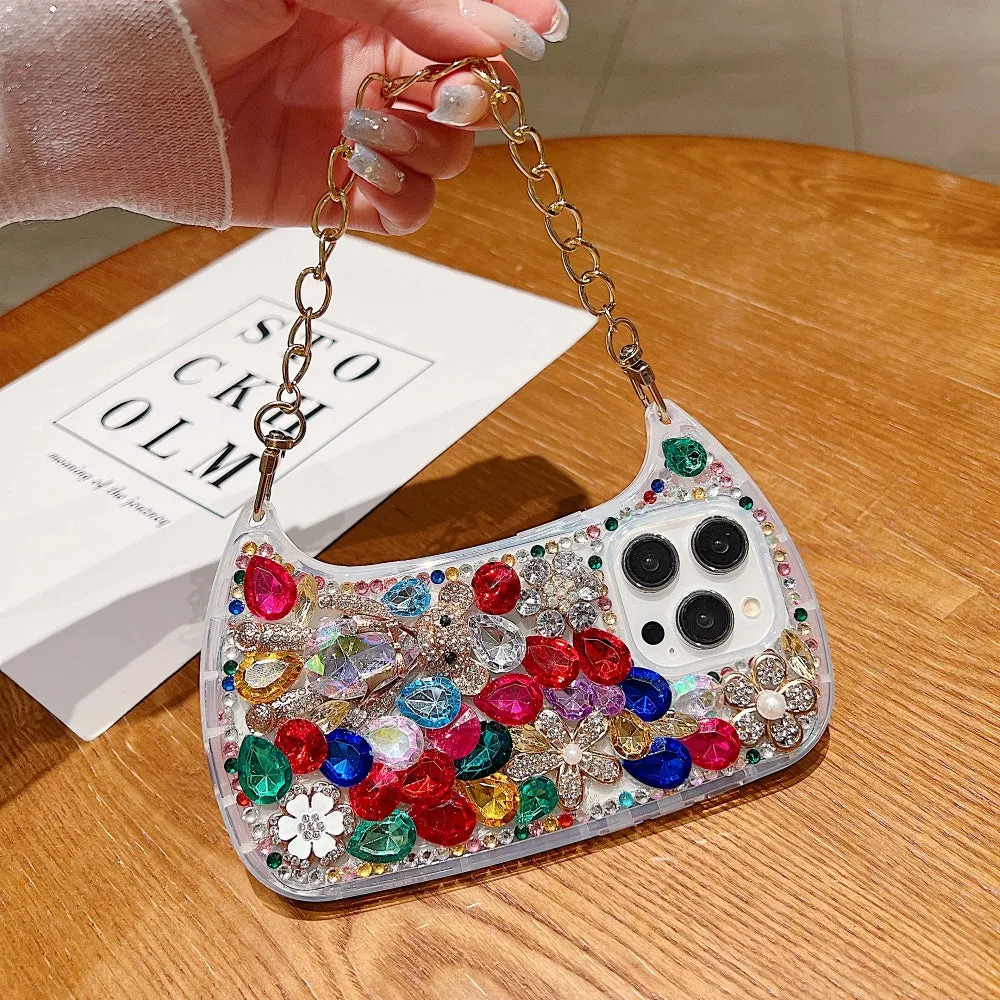 Colorful Diamond Phone Case With Metal Chain Strap - iPhone 14 Pro Max
