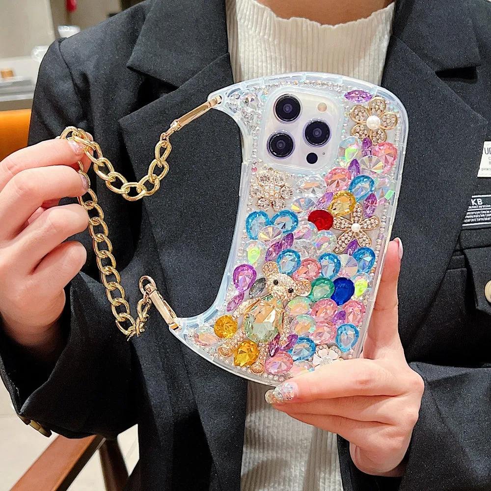Colorful Diamond Phone Case With Metal Chain Strap - iPhone 14 Pro Max