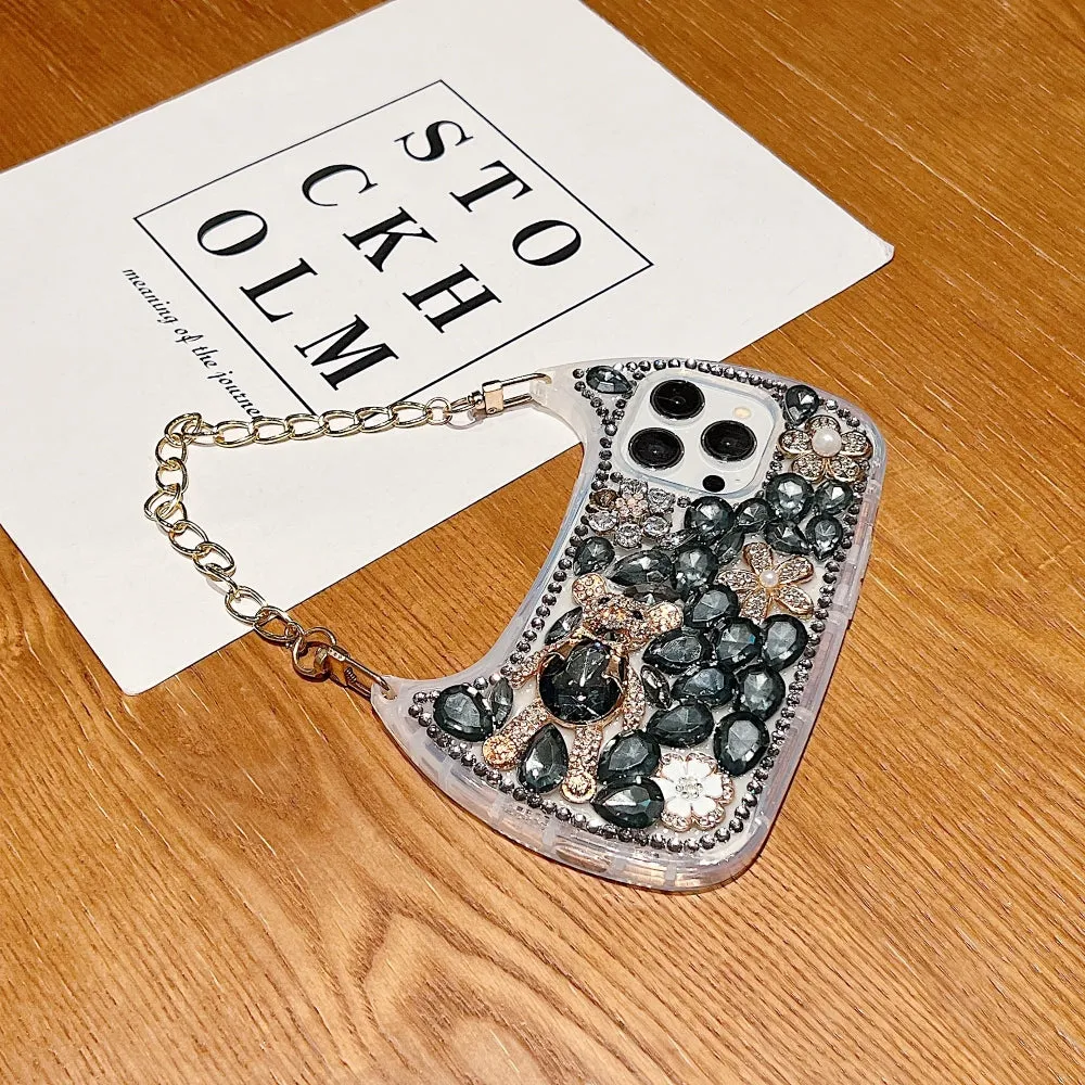 Colorful Diamond Phone Case With Metal Chain Strap - iPhone 14 Pro Max