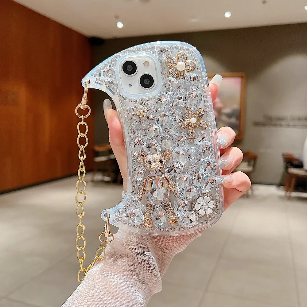 Colorful Diamond Phone Case With Metal Chain Strap - iPhone 14 Pro Max