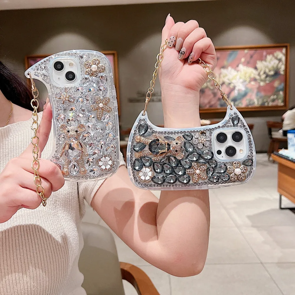 Colorful Diamond Phone Case With Metal Chain Strap - iPhone 14 Pro Max