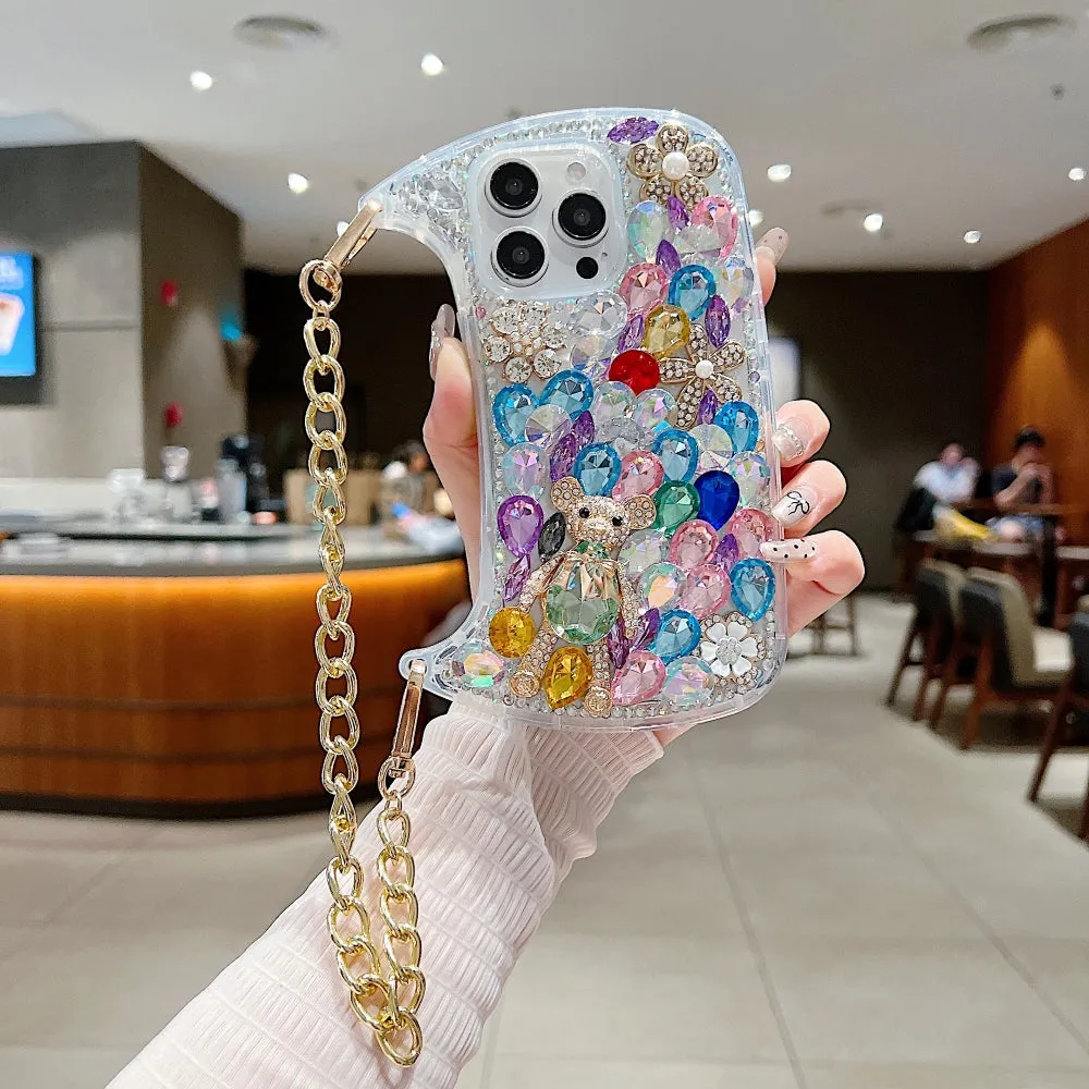 Colorful Diamond Phone Case With Metal Chain Strap - iPhone 14 Pro Max