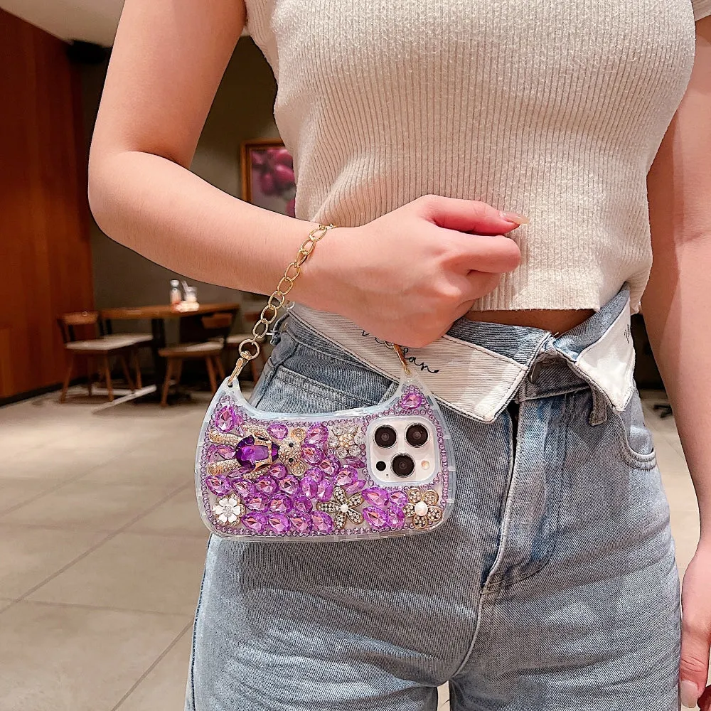 Colorful Diamond Phone Case With Metal Chain Strap - iPhone 14 Pro Max
