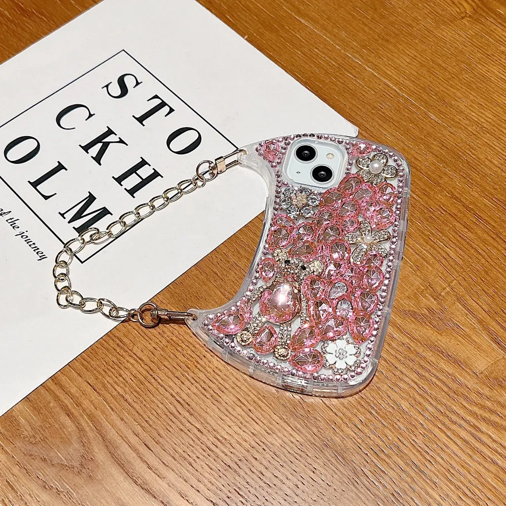 Colorful Diamond Phone Case With Metal Chain Strap - iPhone 14 Pro Max