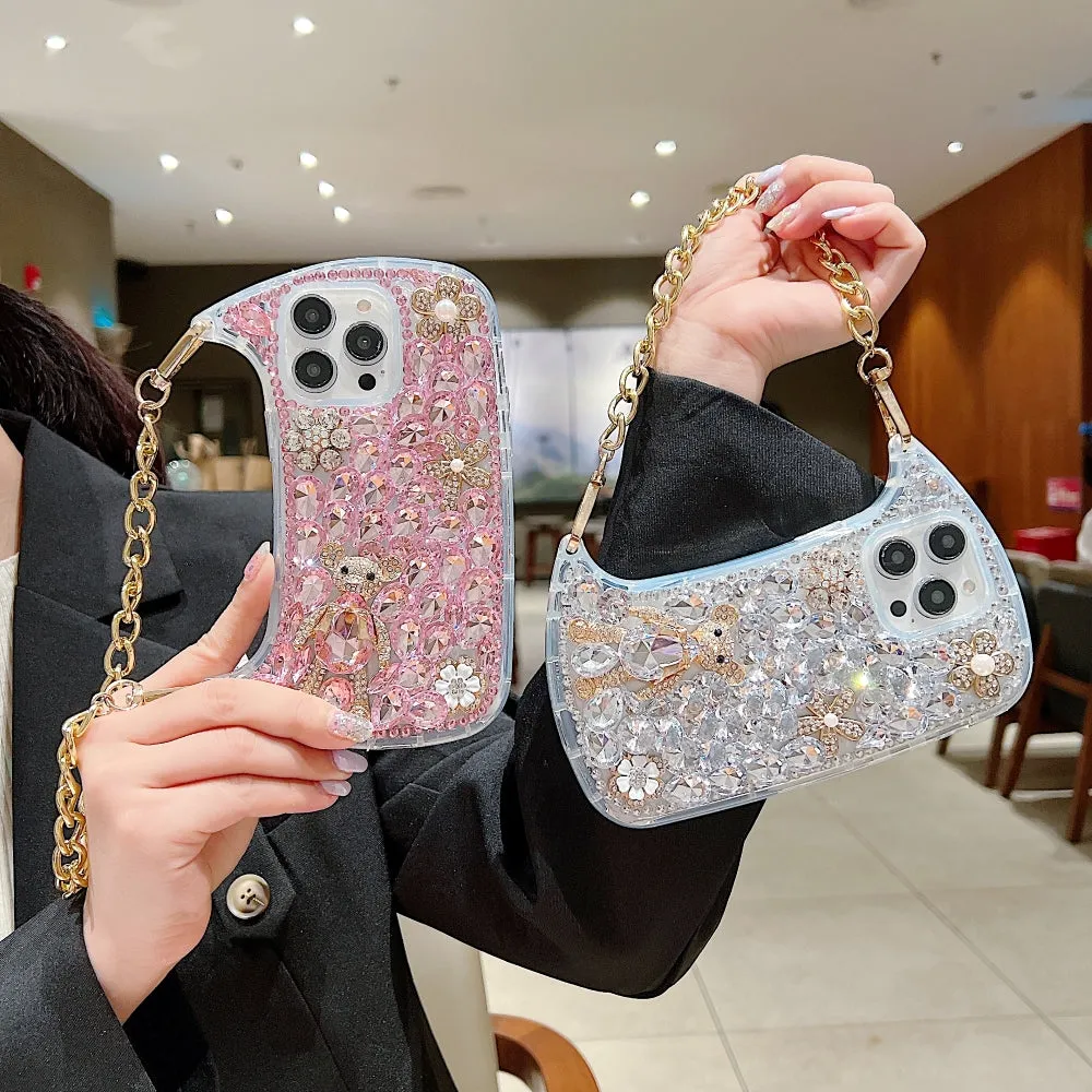 Colorful Diamond Phone Case With Metal Chain Strap - iPhone 14 Pro Max